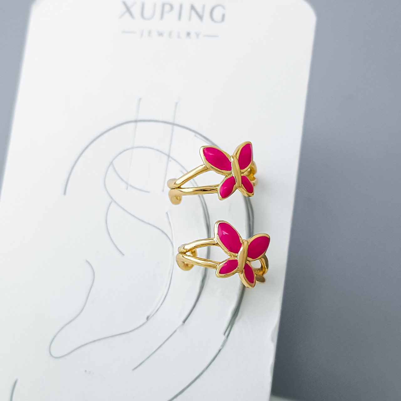 Сережки Кафи "Метелики" з рожевою емаллю, медзолото Xuping позолота 18К