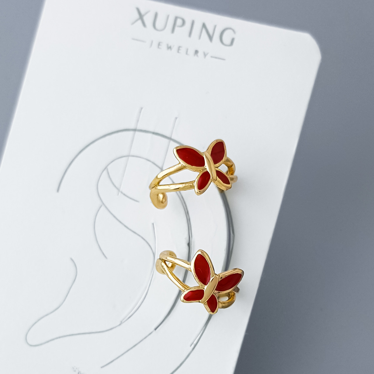 Сережки Кафи "Метелики" з червоною емаллю, медзолото Xuping позолота 18К