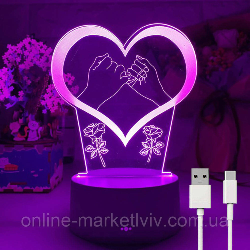 3D нічник Серце на батарейках і USB, 21х11см / 3D світильник / led світильник / Настільна 3д лампа