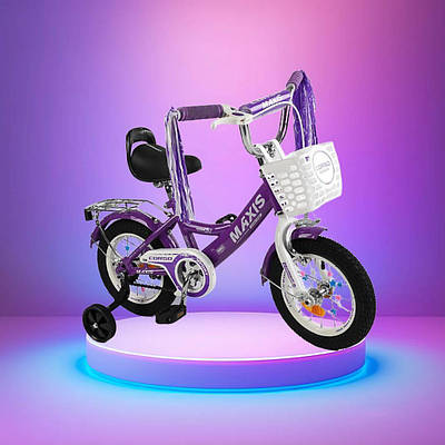 Дитячий двоколісний велосипед для дівчинки велобайк 12 дюймів із кошиком багажником додатковими колесами