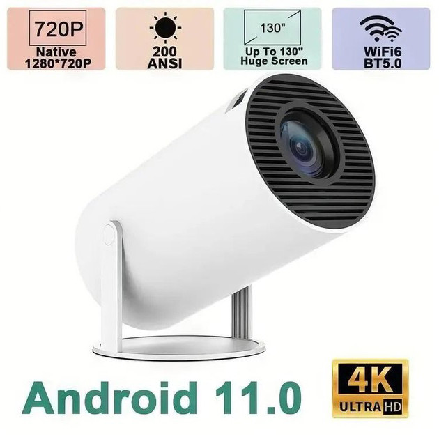 LED Проектор для дому портативний Смарт з WiFi, Bluetooth, Android 11, білий, 1280х720р, фото 1