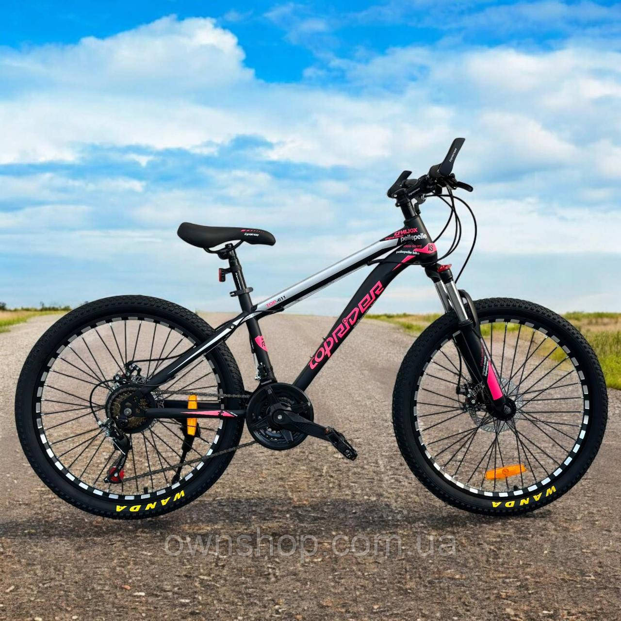 Велосипед підлітковий, колеса 24" гірський, рама 14", TopRider-611, рожевий + крила у подарунок