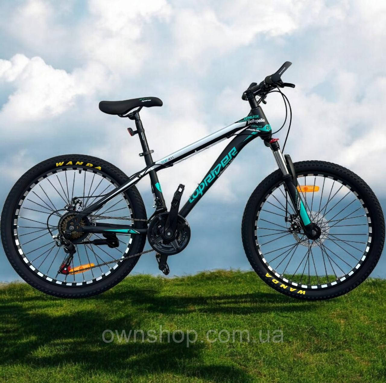 Велосипед підлітковий, колеса 24" гірський, рама 14", TopRider-611, бірюзовий