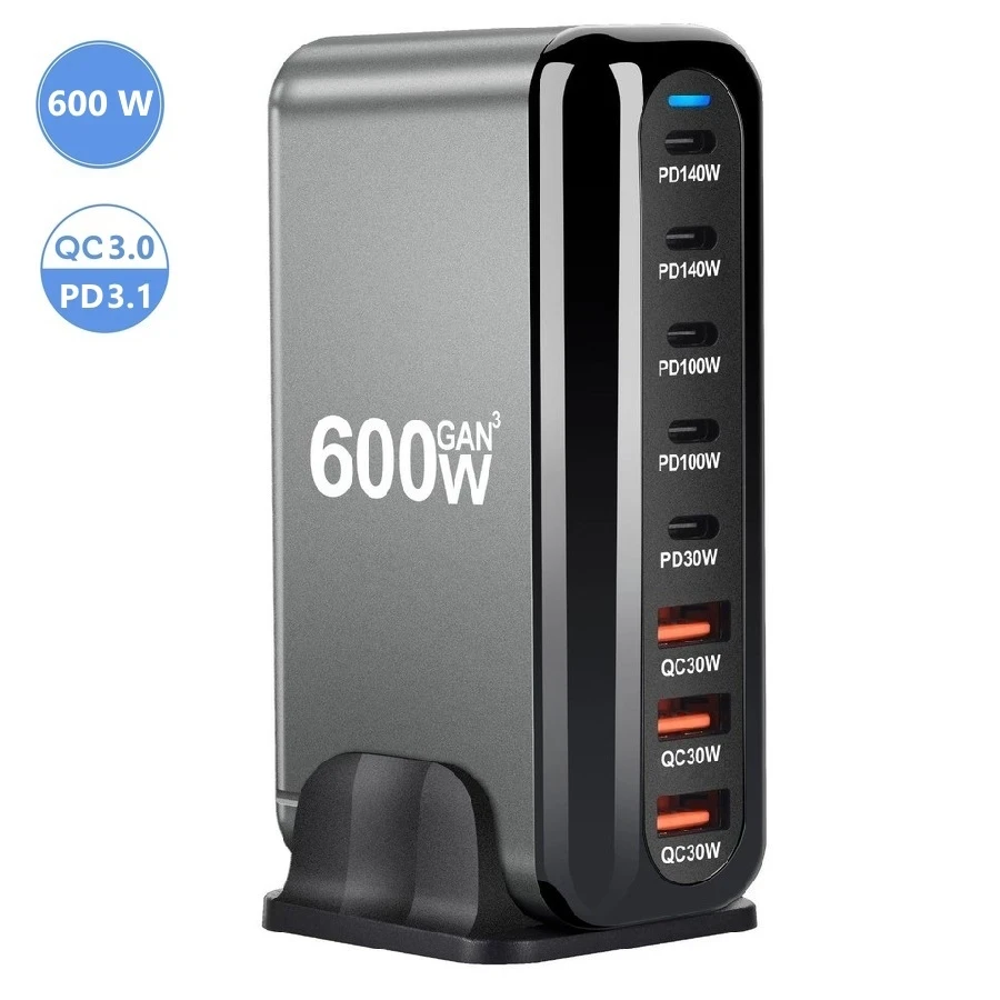 Зарядний пристрій YMX 600W, GaN, PD 140W, QC 30 W для телефонів, ноутбуків, 8 портів USB + Type-C, настільний