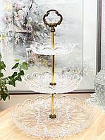 Вінтажна кришталева триярусна етажерка для торта, десерту, фруктів, гранений кришталь, бронза, Німеччина