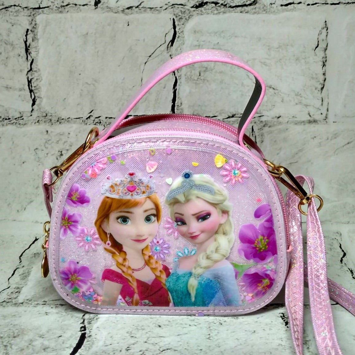 Сумочка дитяча для дівчинки лакова з ремінцем Ельза з блискітками 15,5х12,5х5,5 см Рожева 670-2