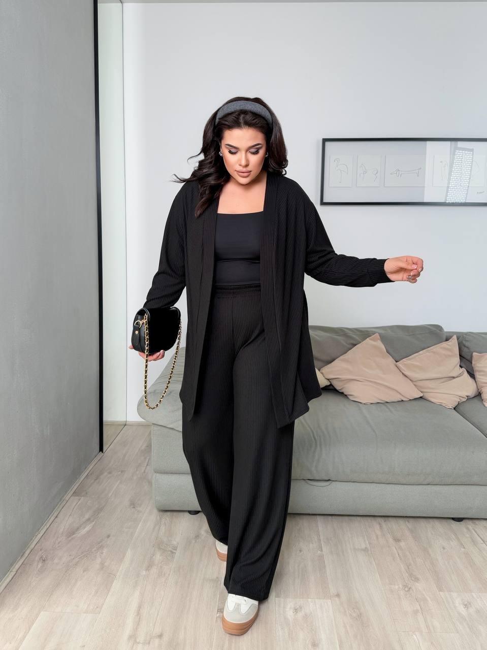 Жіночий трикотажний костюм великого розміру plussize 48-62 в рубчик довгий кардиган і брюки палаццо, фото 1