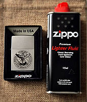 Комплект Зіппо: Запальничка Zippo з гравіюванням емблеми на замовлення "Сова Розвідка ГУР"