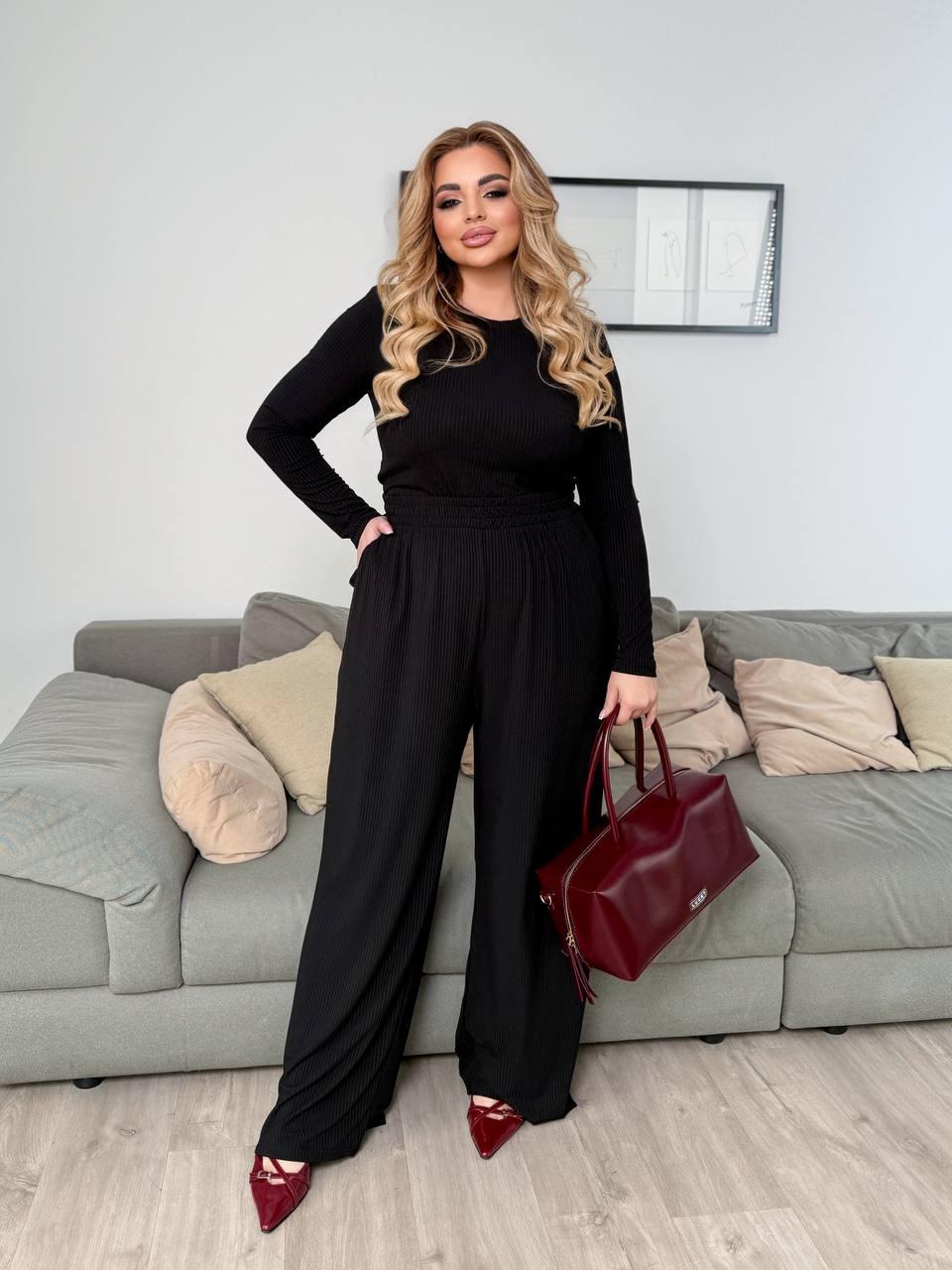 Жіночий трикотажний костюм великого розміру plussize 48-62 в рубчик лонгслив і брюки палаццо, фото 1