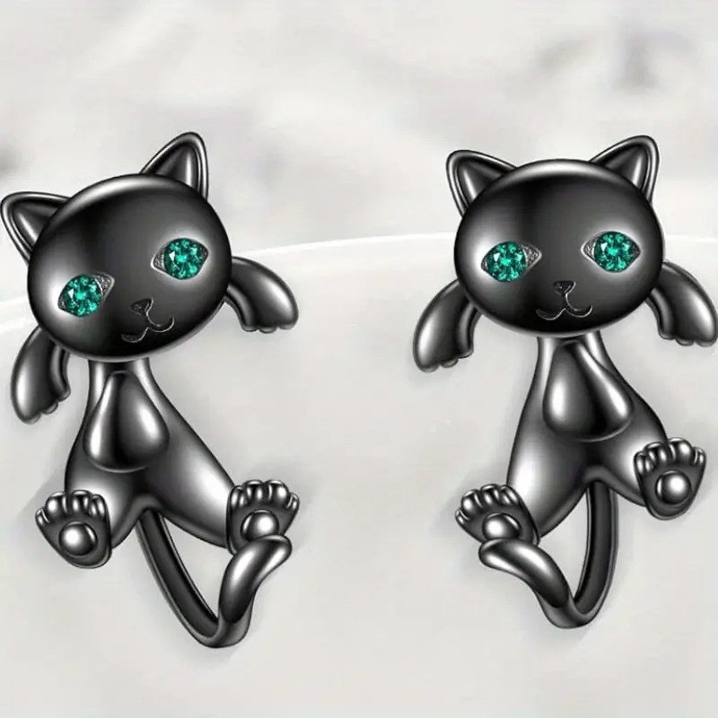 Сережки-гвоздики у вигляді чорних котиків із зеленими очима, 2.5 см, модні креативні сережки-тварини, фото 1