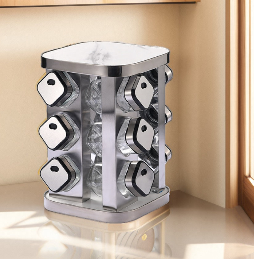 Набір баночок для спецій 12 шт з підставкою. Хром + мармур, фото 1