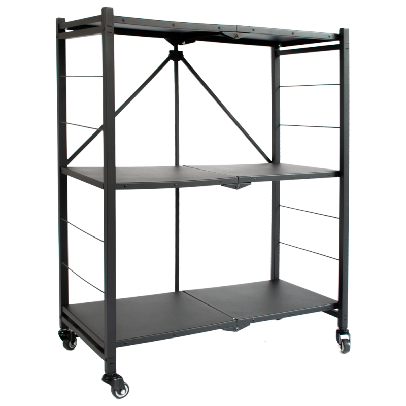Стелаж на 3 полиці металевий складаний на колесах чорний, фото 1