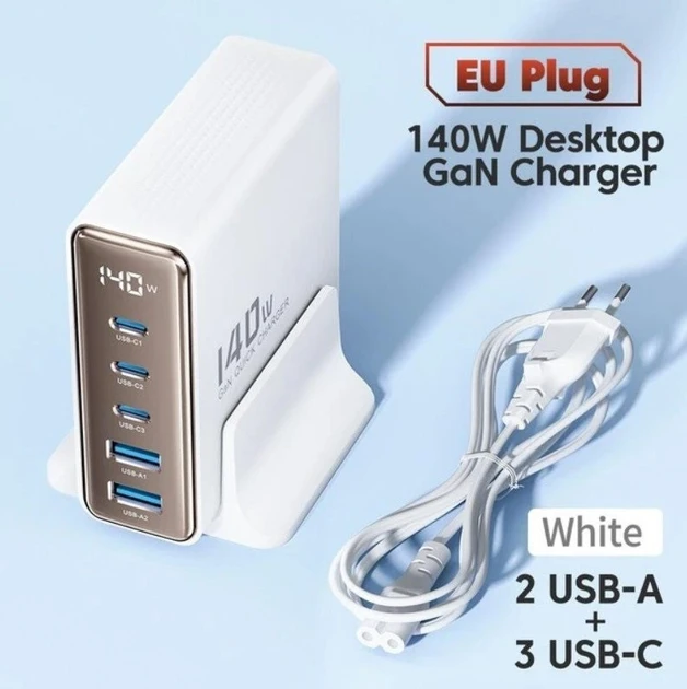 Блок живлення (зарядний пристрій) Toocki GaN 140W (3 Type-C + 2 USB) White NEW