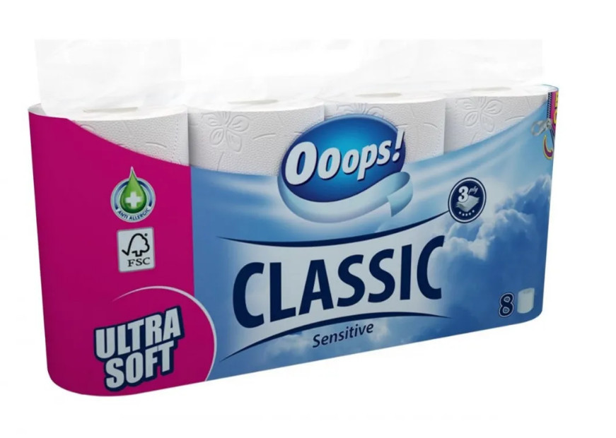 Туалетний папір OOOPS Classic Sensitive 3-шар., 8 шт/уп 140 відр. (5998648704310)