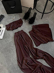 Шовкова жіноча піжама трійка спокусливий жіночий одяг для дому Топ шорти штани шовк на подарунок VS 42/44, Шоколад