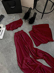 Шовкова жіноча піжама трійка спокусливий жіночий одяг для дому Топ шорти штани шовк на подарунок VS 42/44, Бордо
