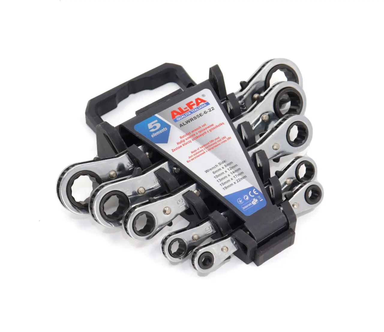 Набір накидних ключів з тріскачкою 5 од. 6-22 мм ALFA ALWRS5E-6-22, фото 1