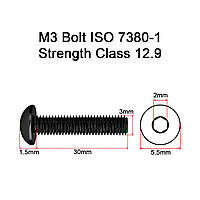 Болт М3 30мм з напівкруглою головкою та внутрішнім шестигранником, клас міцності 12.9, стандарт ISO 7380-1, M3*30 12.9 Bolt