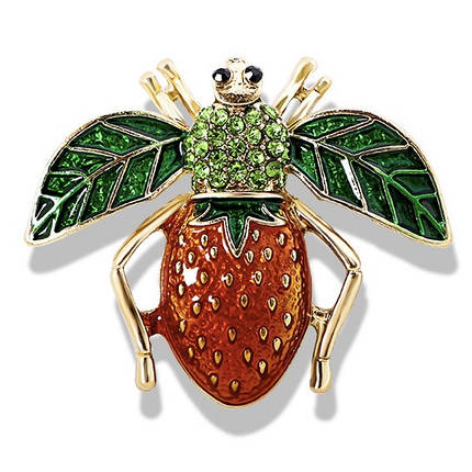 Брошка на золотистій основі апельсиновий жук із зеленими стразами покрита кольоровою емаллю розмір 35х40 мм, фото 1