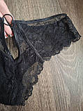 Жіночі чорні трусики з бантиком на попі, мереживні трусики-стрінги на високій посадці розмір 44-46, фото 4