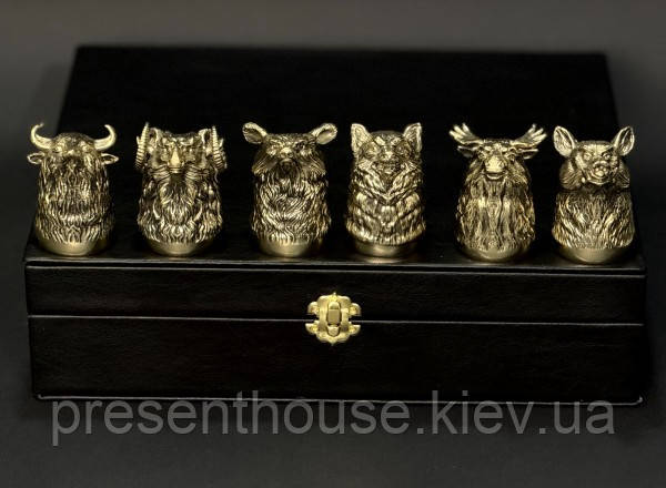 Подарунковий набір чарок із бронзи "Мисливських" 6шт. ручної роботи, фото 1