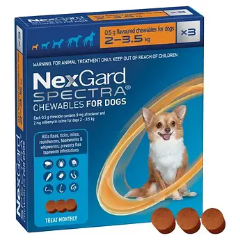 НЕКСГАРД СПЕКТРА 2-3,5 кг жувальних таблеток, для профілактики та лікування собак від бліх та кліщів, гельмінтів