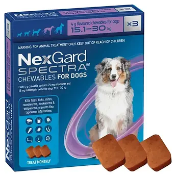 НЕКСГАРД СПЕКТРА 15-30 кг жувальні таблетки, для профілактики та лікування собак від бліх, кліщів, гельмінтів