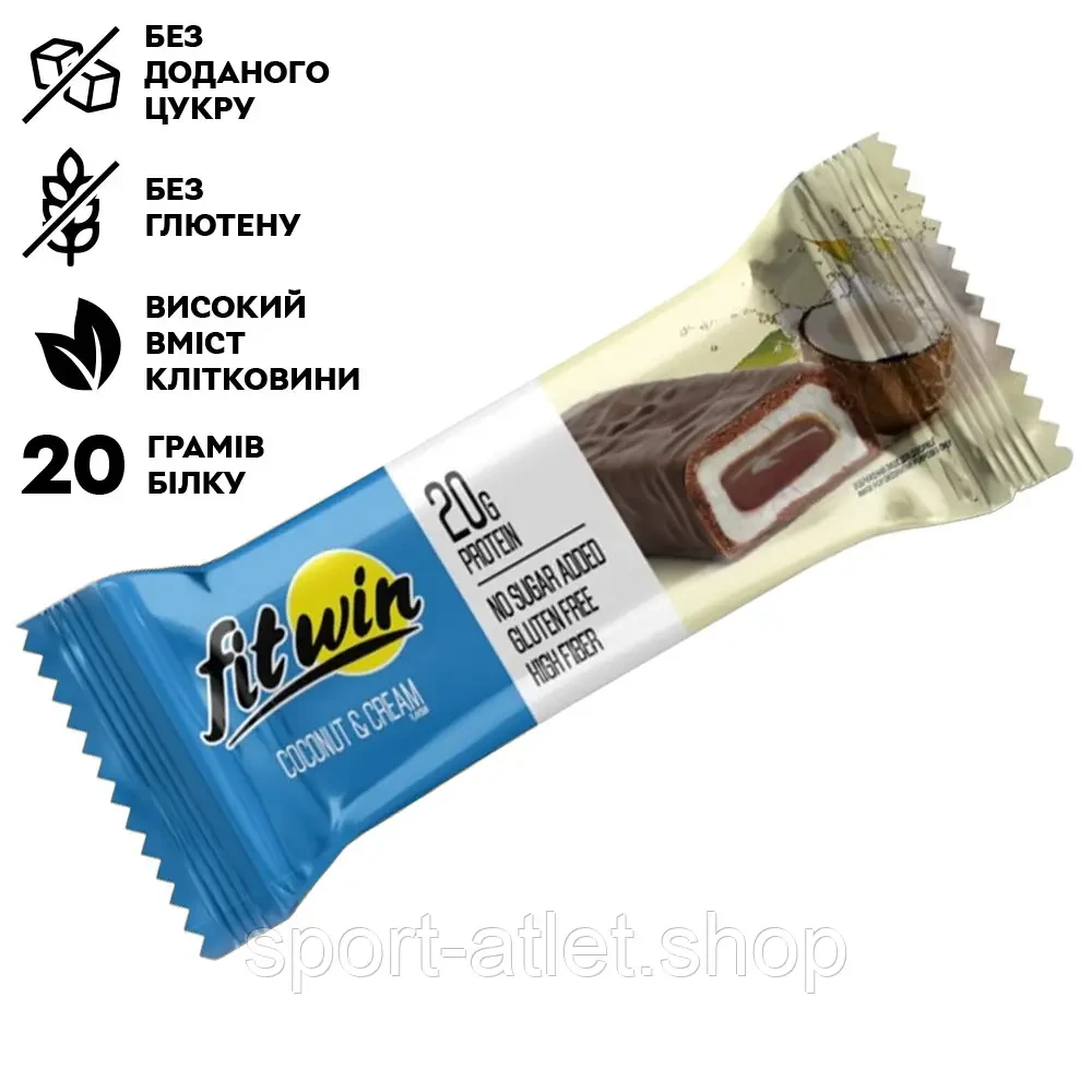 Батончик FitWin COCONUT&CREAM з начинкою, БЕЗ ЦУКРУ 60 г 33%