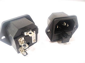 Штекер мережевий 3pin, монтажний, з гніздом під запобіжник, корпус пластик