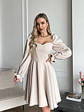 Бежеве жіночне приталене плаття міді з об'ємними рукавами, фото 3