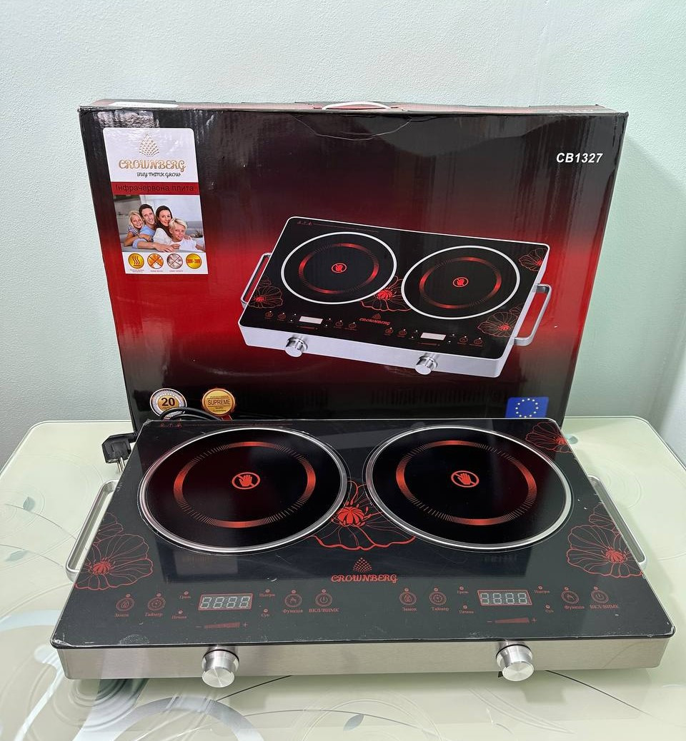Двоконфоркова інфрачервона плита настільна електрична, сенсорні побутові електроплити Crownberg 4000W - фото 1 - id-p2502395456