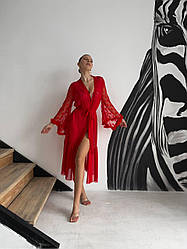 Жіночий червоний домашній халат міді в сіточку