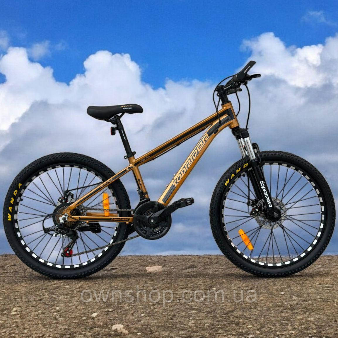 Велосипед алюмінієвий гірський колеса 24" рама 14", TopRider-680 золотий + крила у подарунок!