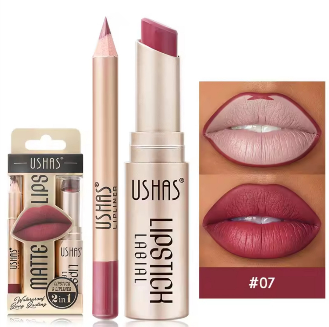 Матова помада для губ і контурний олівець / Набір 2 в 1 Ushas Matte Lipstick, відтінок 07