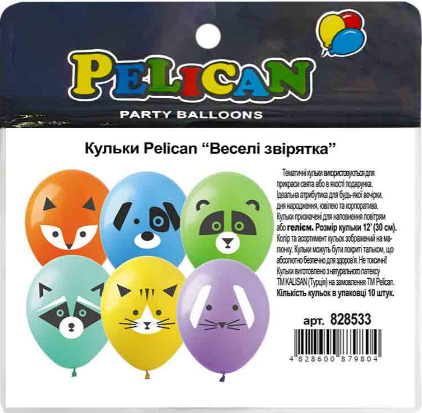 Набір кульок повітр. "Веселі звірятка" 12"/30см 10шт №828533/Pelican/(1)(10), фото 1