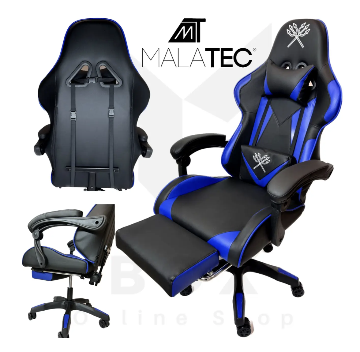 Ігрове комп'ютерне крісло Malatec (Чорне з синім) - Геймерське крісло з підставкою для ніг Malatec