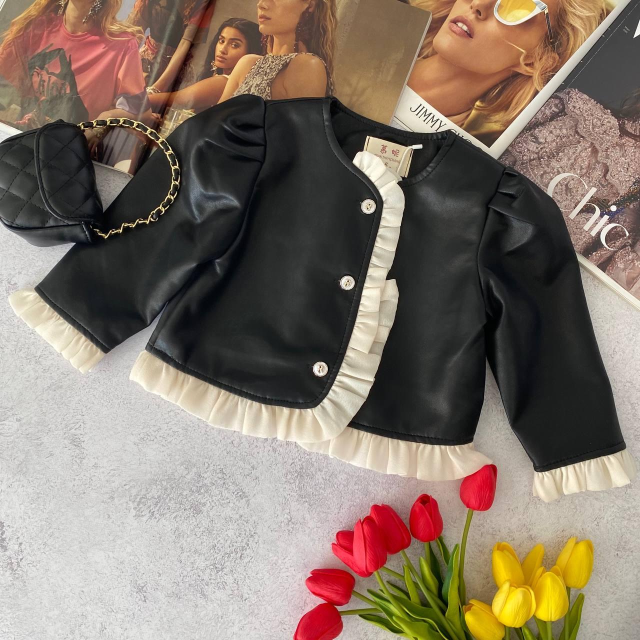 Піджак екошкіра з білим рюшем Чорний 2212 55, M.N.Kids, Чорний, Дівчинка, Весна Осінь, 3 роки, фото 1