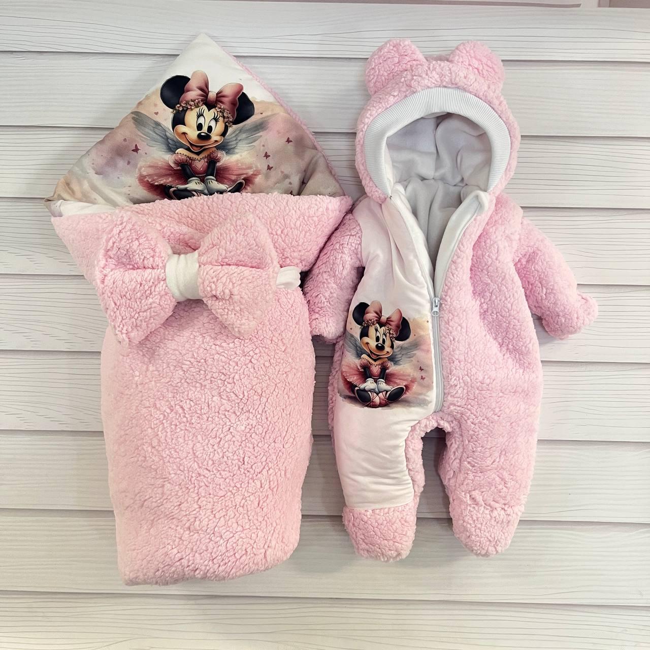 Комплект Тедді конверт + комбінезон для новонароджених, рожевий з принтом Мінні з крилами, фото 1