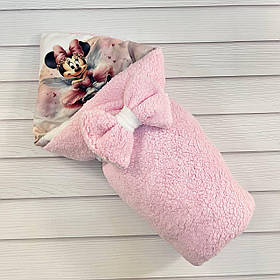Зимовий хутряний конверт Тедді на бавовняній підкладці для новонароджених, рожевий з принтом Мінні з крилами
