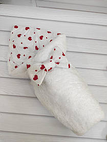 Демісезонний хутряний конверт Тедді на бавовняній підкладці для новонароджених, білий з принтом серця