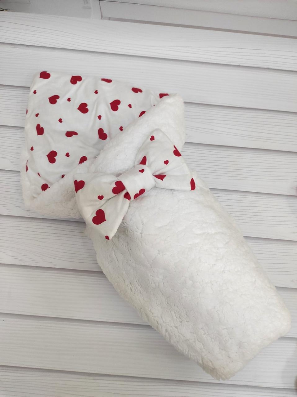 Зимовий хутряний конверт Тедді на бавовняній підкладці для новонароджених, білий з принтом серця, фото 1