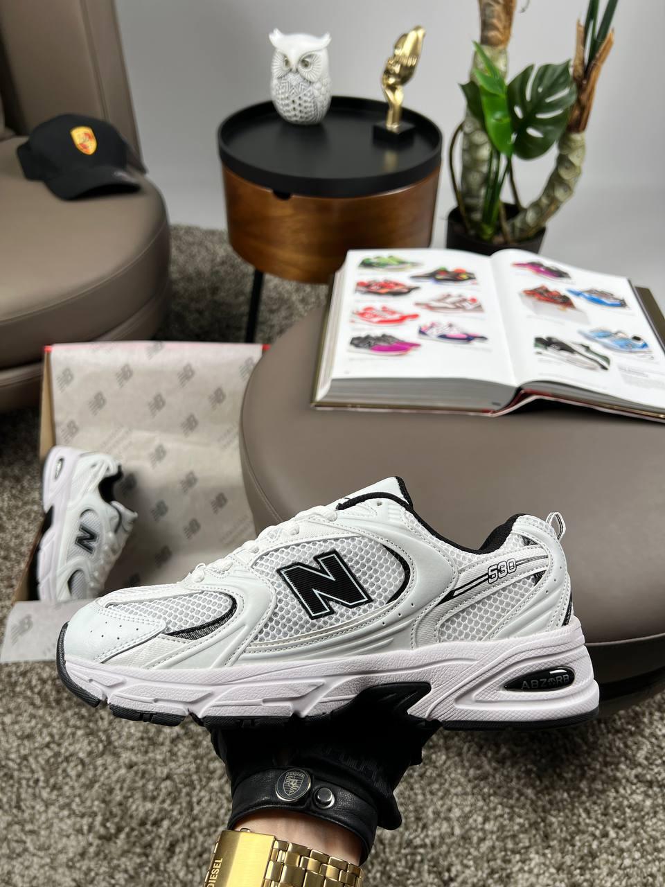 Чоловічі кросівки шкіряні сітка New Balance 530 Premium White Black, кеди Нью Беланс білі. Чоловіче взуття