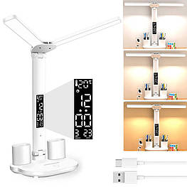 Аккумуляторная настольная лампа LED с двумя плафонами + часы + календарь + термометр