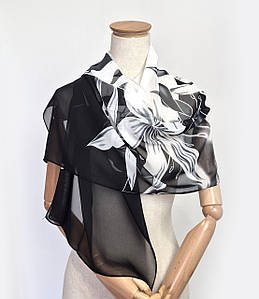 Шарф тонкий легкий шифоновий Лілія чорно-білий