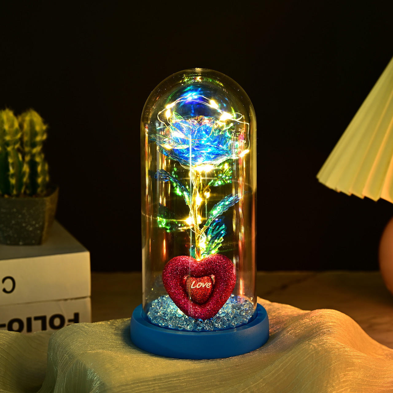 Оригінальний подарунок Троянда в колбі Синя із серцем "Love" подарунок коханим, фото 1