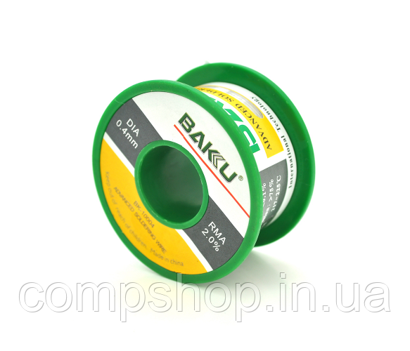Припій BAKKU Дротовий, олова-Sn 97%,  срібла-Ag 0,3%, міді-Cu 0,7%, флюсу 2%, 0,4 мм, вага 50г (код 116094), фото 1