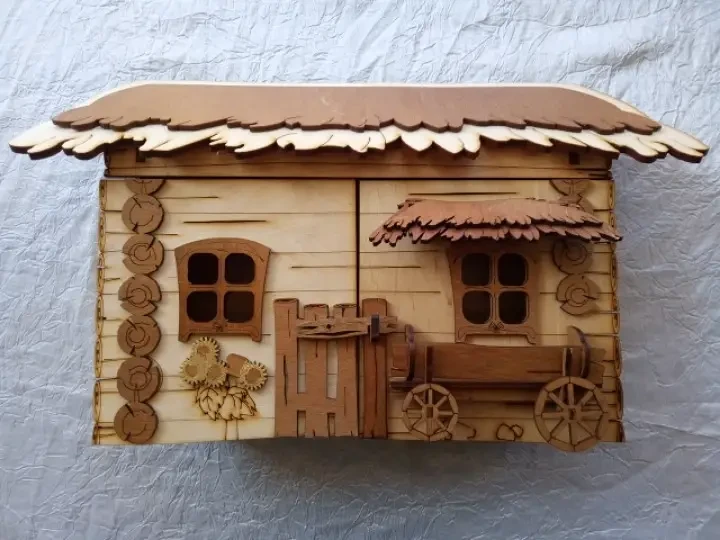 Ключниця з дерева настінна інтер'єрна Сільський будиночок з возом для 6 пар ключів двостулкова, Хатинка, фото 1