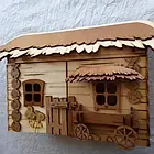 Ключниця з дерева настінна інтер'єрна Сільський будиночок з возом для 6 пар ключів двостулкова, Хатинка, фото 3