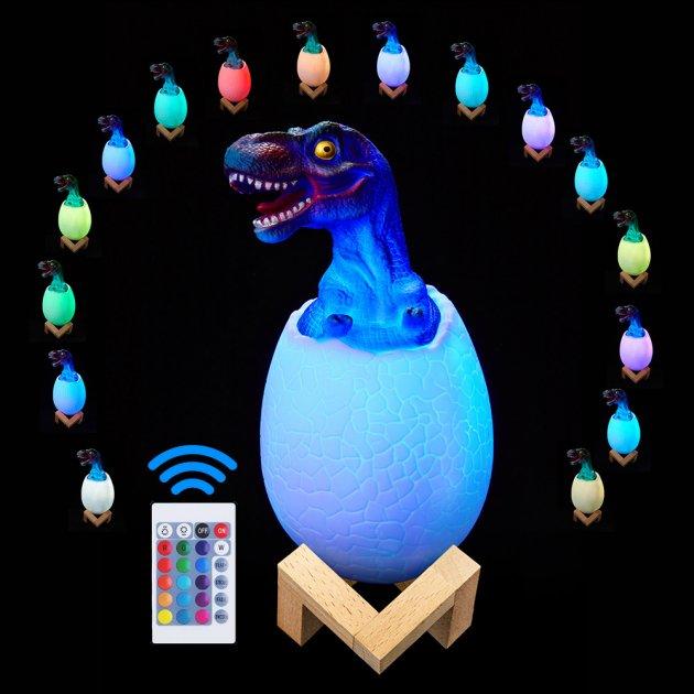 Дитячий світильник SUNROZ 3D Dinosaur Lamp лампа-нічник "Динозаврик у яйці" з пультом ДК, фото 1