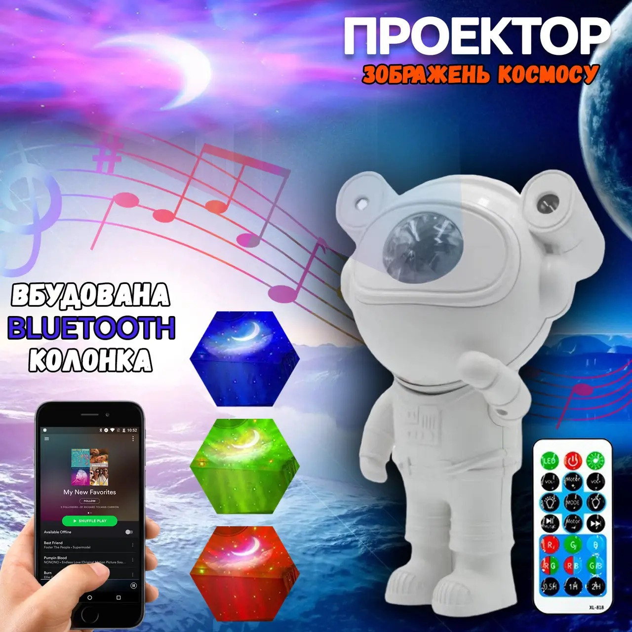 Лазерний нічник-проєктор зоряного неба з bluetooth колонкою Космонавт, фото 1